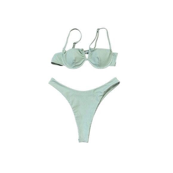 Green White Polka Dot Micro Bikini Women’s S Swim Beach Vacation Cheeky Thong - Picture 3 of 13